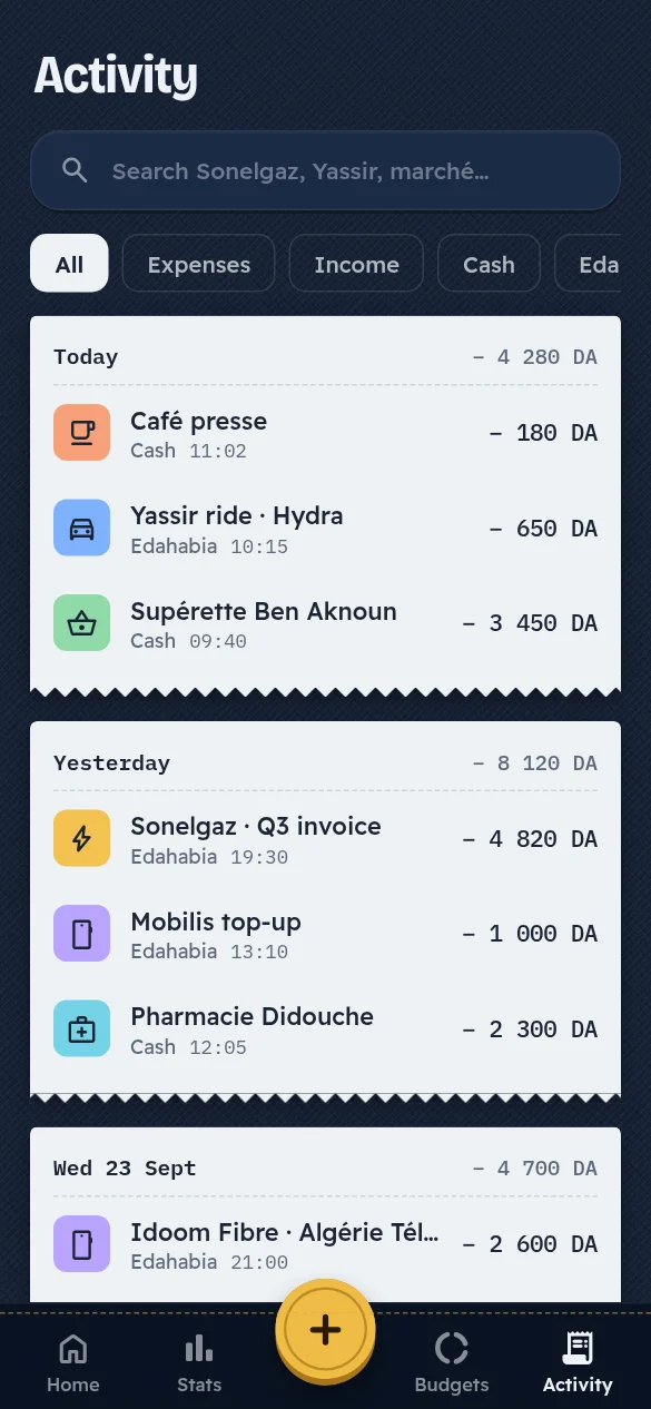 Jibi app screen: Activity