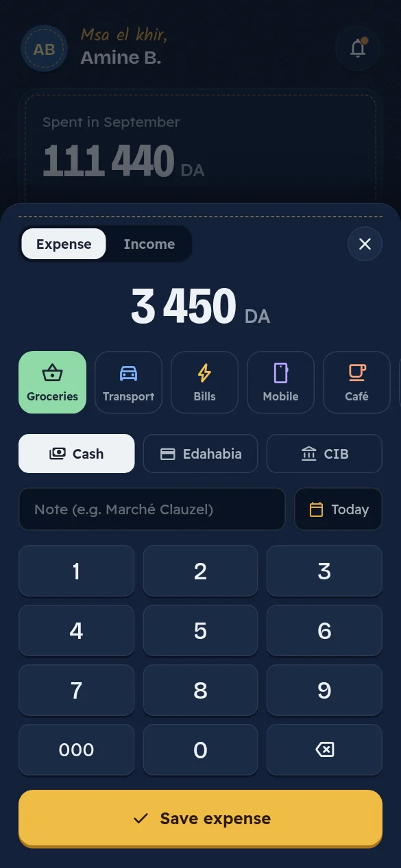 Jibi app screen: Add an expense