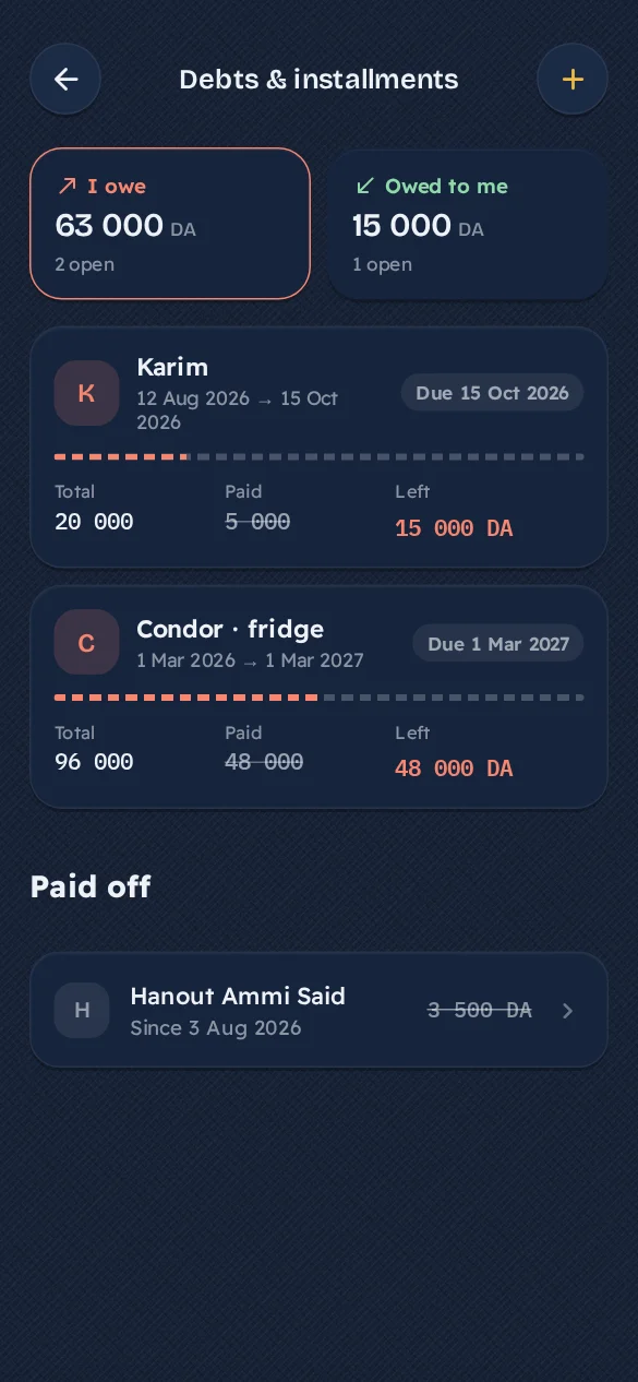 Jibi app screen: Debts and installments