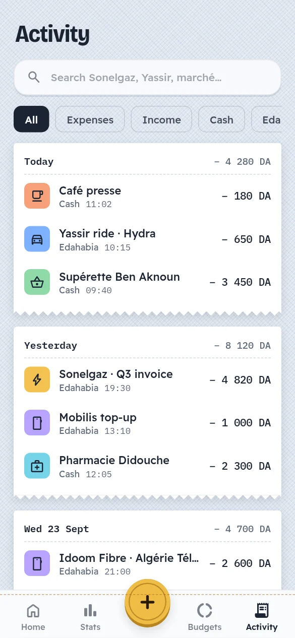Jibi app screen: Activity