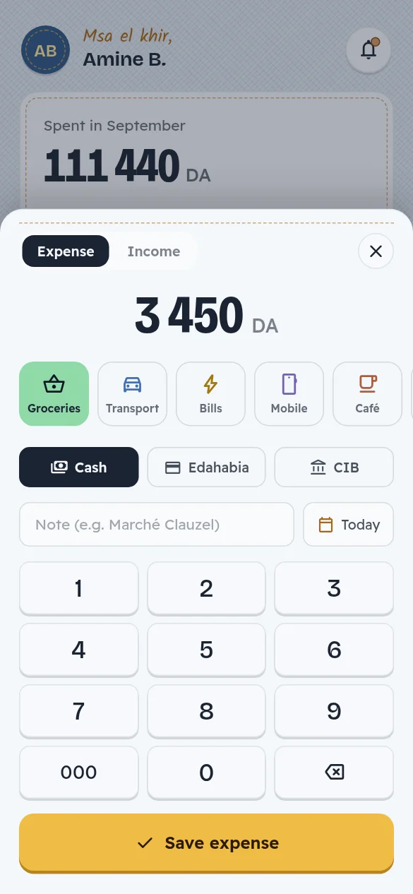 Jibi app screen: Add an expense