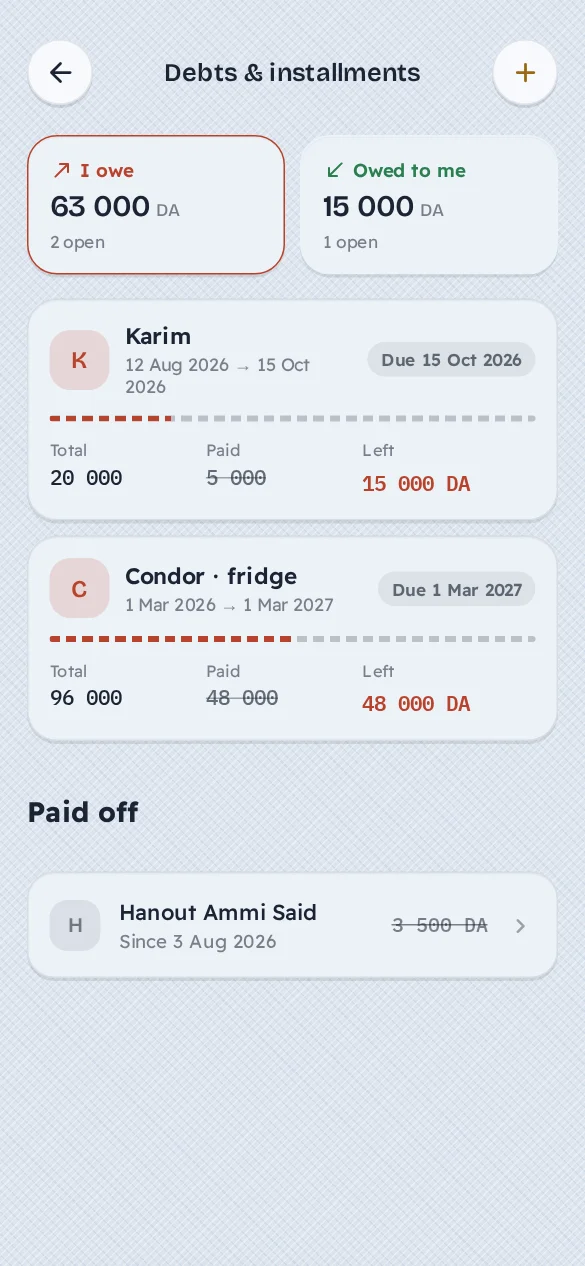 Jibi app screen: Debts and installments