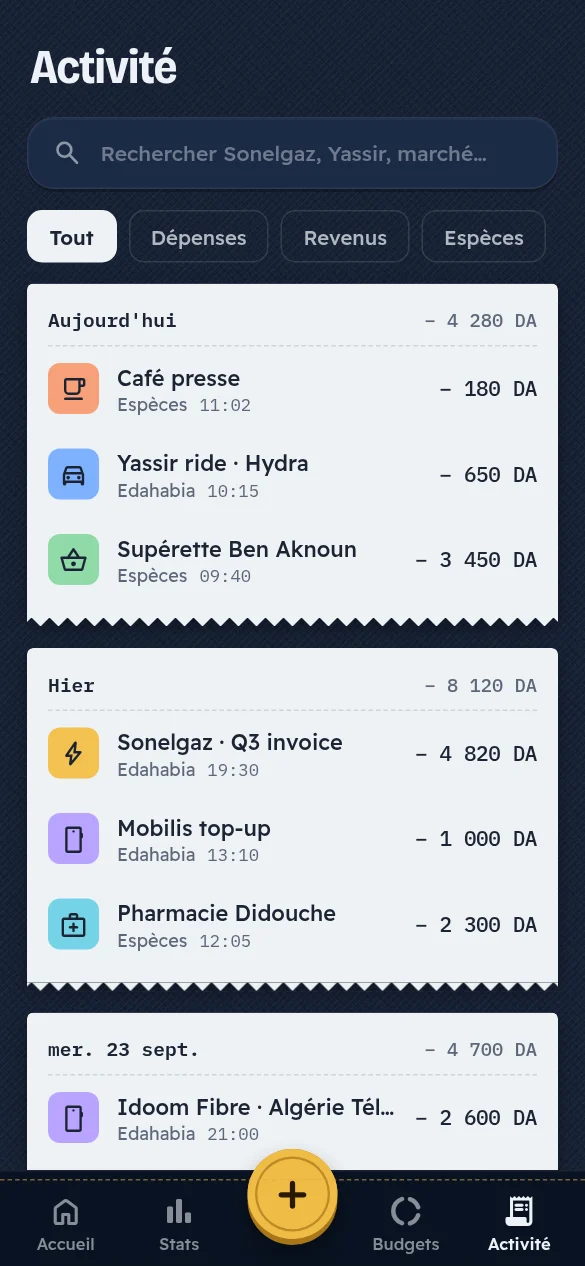 Écran de l’application Jibi : Activité