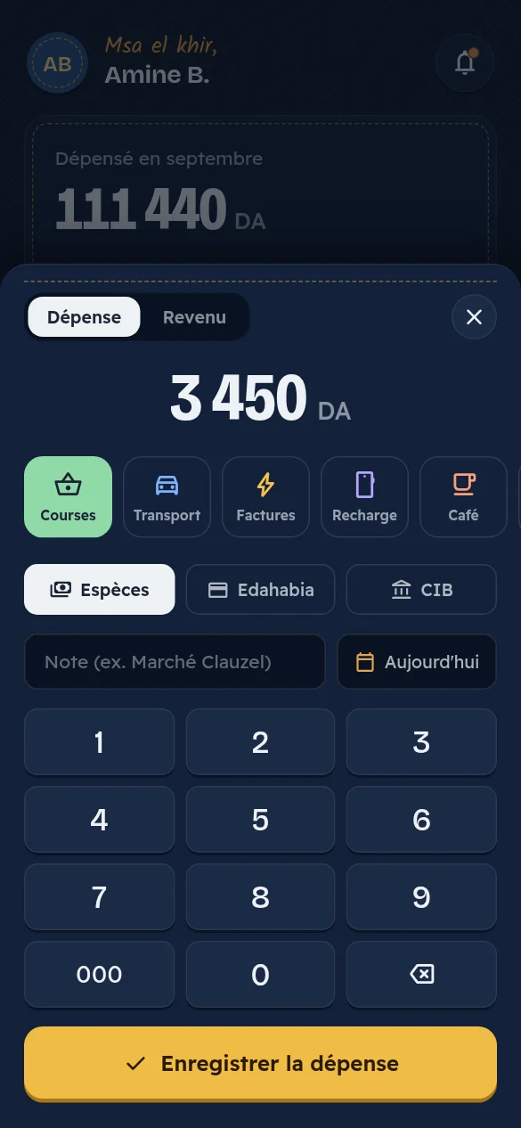 Écran de l’application Jibi : Ajouter une dépense