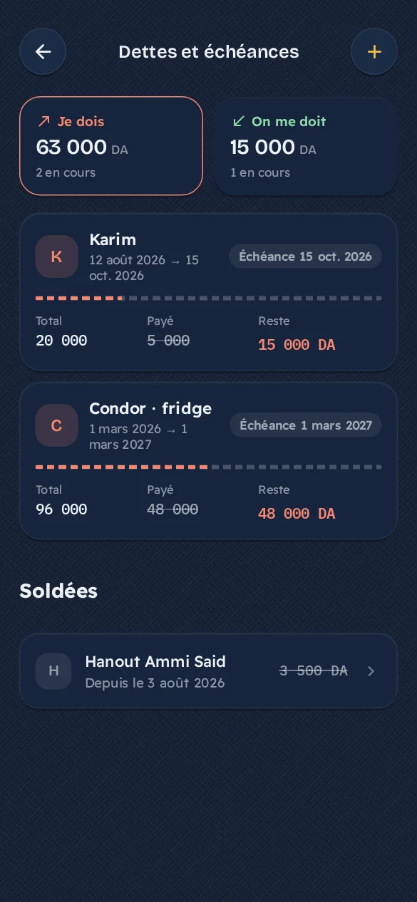 Écran de l’application Jibi : Dettes et échéances