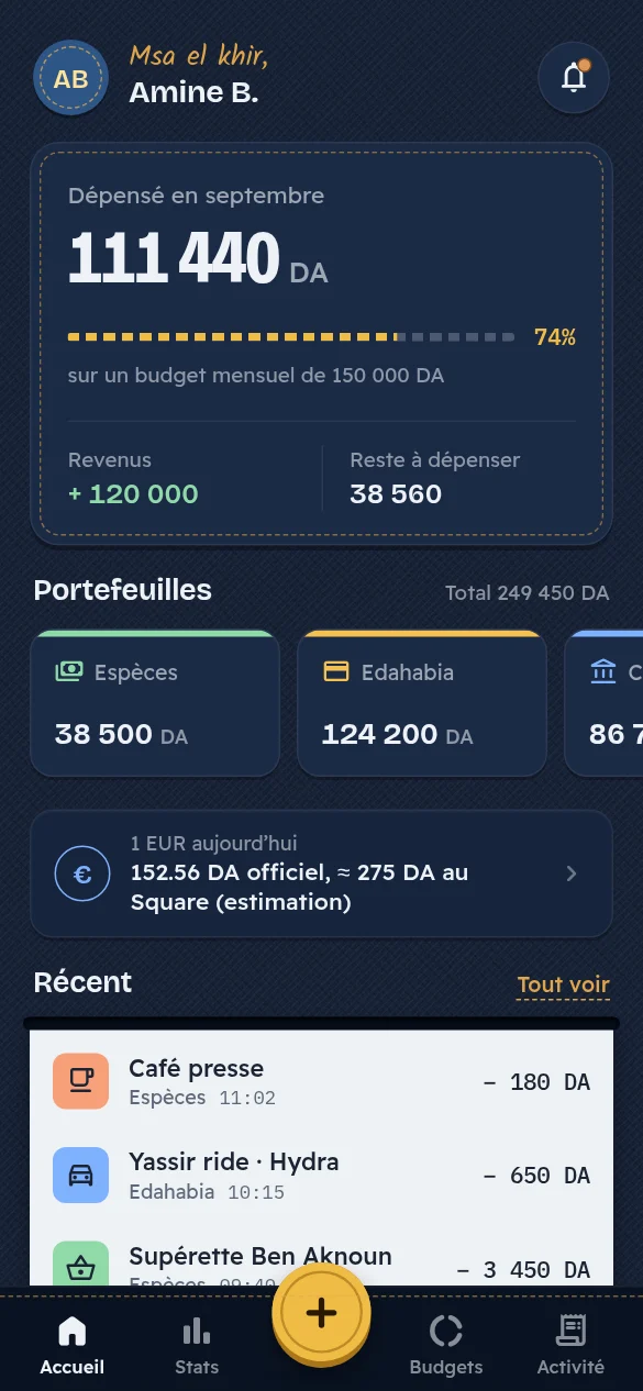 Écran de l’application Jibi : Accueil