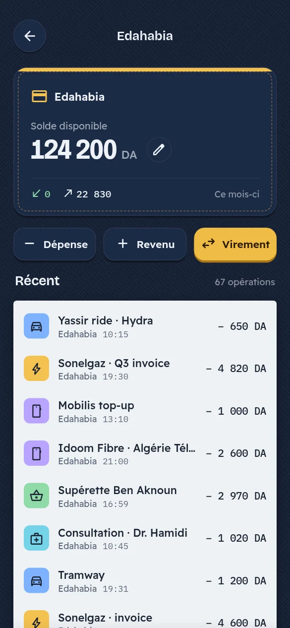 Écran de l’application Jibi : Portefeuille