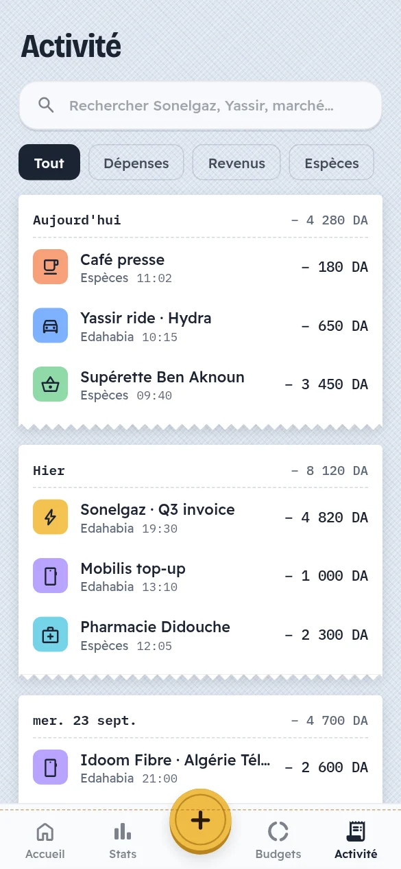 Écran de l’application Jibi : Activité