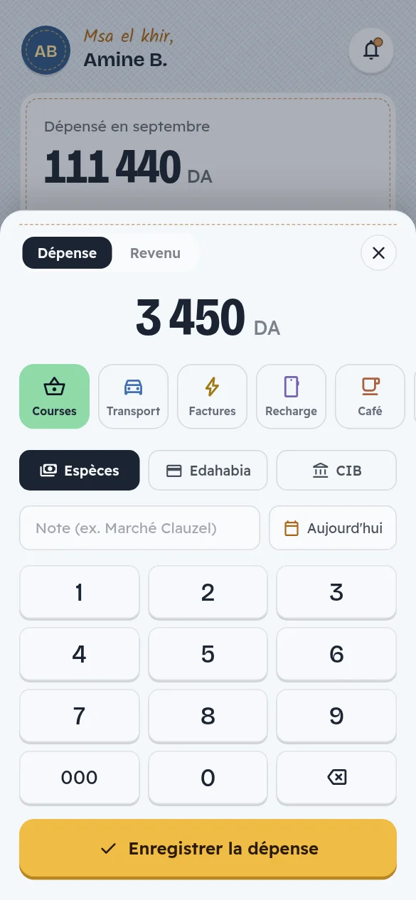 Écran de l’application Jibi : Ajouter une dépense