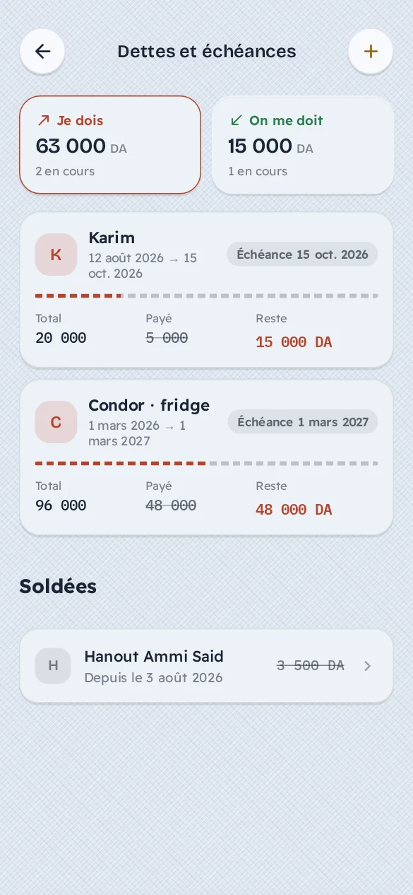 Écran de l’application Jibi : Dettes et échéances