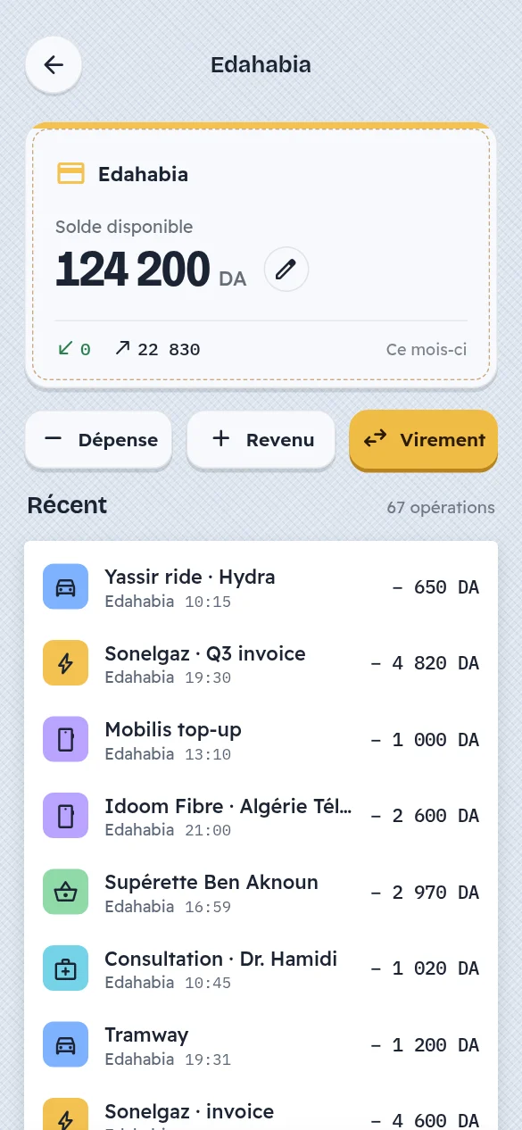 Écran de l’application Jibi : Portefeuille